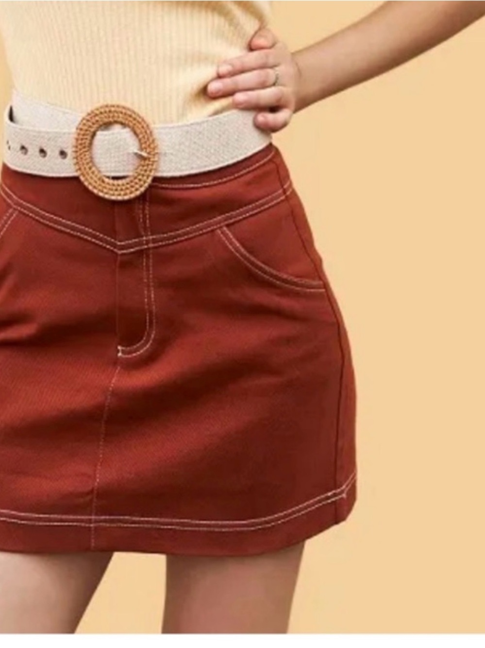 Zara Rust-Red Mini Skirt with White Topstitch, size small